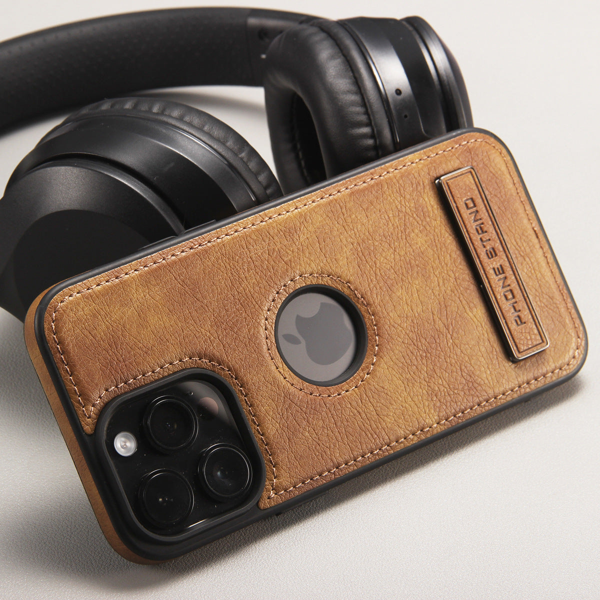 Leather iPhone Case | Cowhide Textured Black Stand Phone Case