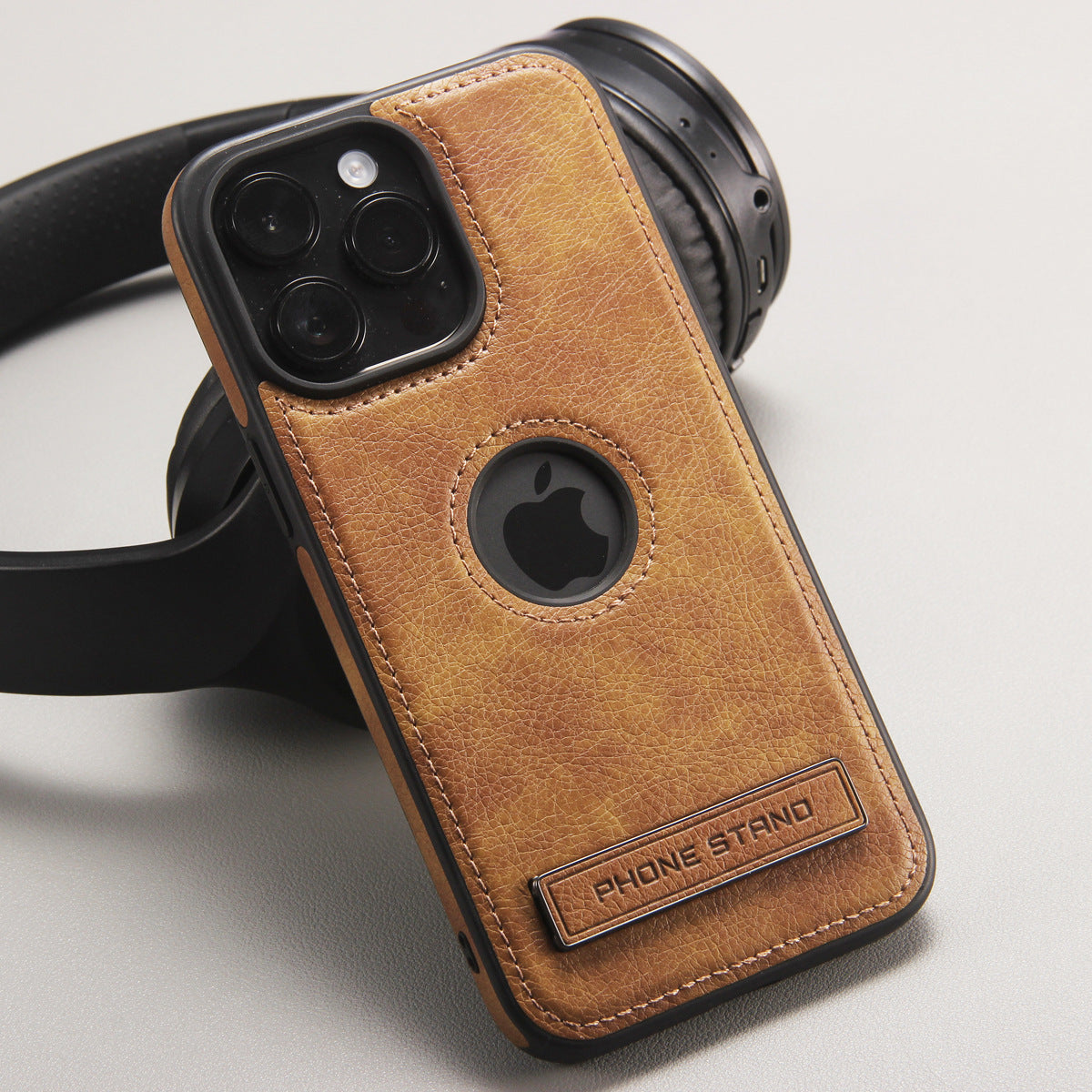 Leather iPhone Case | Cowhide Textured Brown Stand Phone Case