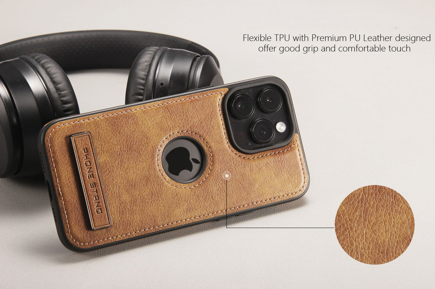 Leather iPhone Case | Cowhide Textured Brown Stand Phone Case